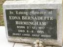 Edna Bernadette BIRMINGHAM, born 3-12-1917, died 6-6-1995; Tallebudgera Catholic cemetery, City of Gold Coast 