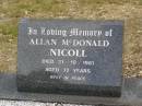 Allan McDonald NICOLL, died 21-10-1981 aged 72 years; Tallebudgera Catholic cemetery, City of Gold Coast 