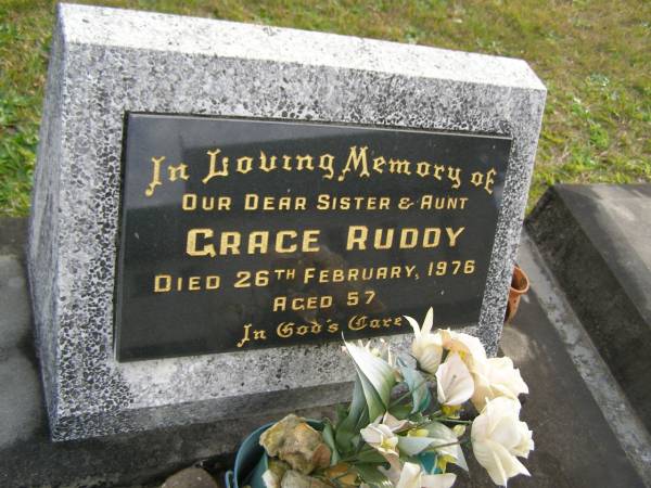 Grace RUDDY,  | sister aunt,  | died 26 Feb 1976 aged 57 years;  | Tallebudgera Presbyterian cemetery, City of Gold Coast  | 