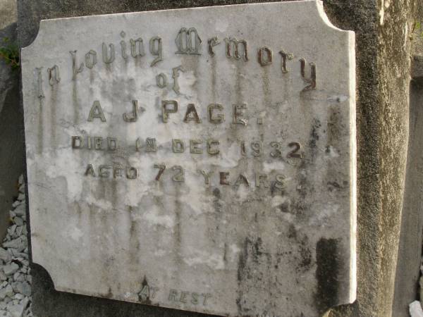 A.J. PAGE,  | died 1 Dec 1932 aged 72 years;  | Tallebudgera Presbyterian cemetery, City of Gold Coast  | 