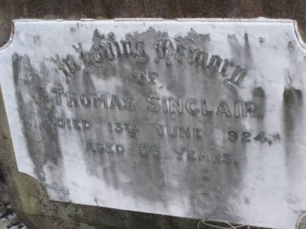 Thomas SINCLAIR,  | died 13 June 1924 aged 56 years;  | Tallebudgera Presbyterian cemetery, City of Gold Coast  | 