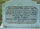 
Eileen Christina LEACH
6 Feb 1953
aged 53

John LEACH
20 Dec 1972
aged 79

Tamborine Catholic Cemetery, Beaudesert

