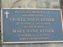 
Croell Davis REISER
B: 27 May 1906
D: 26 Apr 1993

mother
Mary Anne REISER
B: 2 Apr 1878
D: 6 Nov 1952

Tamborine Catholic Cemetery, Beaudesert

