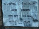 
John OBRIEN
30 Aug 1952
aged 57

Tamborine Catholic Cemetery, Beaudesert

