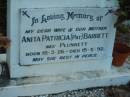 
Anita Patricia (Pat) BARRETT (nee PLUNKETT)
B: 18 Mar 1926
D: 19 May 1992

Tamborine Catholic Cemetery, Beaudesert

