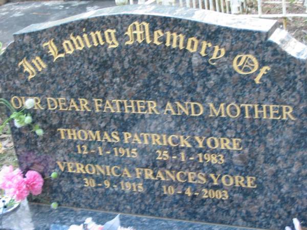 Thomas Patrick YORE  | B: 12 Jan 1915  | D: 25 Jan 1983  |   | Veronica Frances YORE  | B: 30 Sep 1915  | D: 10 Apr 2003  |   | Tamborine Catholic Cemetery, Beaudesert  |   | 