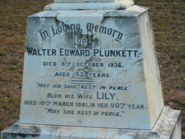 Walter Edward PLUNKETT  | 8 Oct 1936  | aged 52  |   | wife  | Lily  | 10 Mar 1981  | aged 90  |   | Tamborine Catholic Cemetery, Beaudesert  |   | 