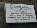 
Joycelyn
(daughter of) Mr & Mrs E BROWN
d: 13 Feb 1948, aged 10 months
Tamrookum All Saints church cemetery, Beaudesert 
