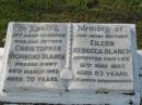 
Christopher Richmond BLANCH
20 Mar 1963, aged 70
Eileen Rebecca BLANCH
12 May 1983, aged 83
Tamrookum All Saints church cemetery, Beaudesert 
