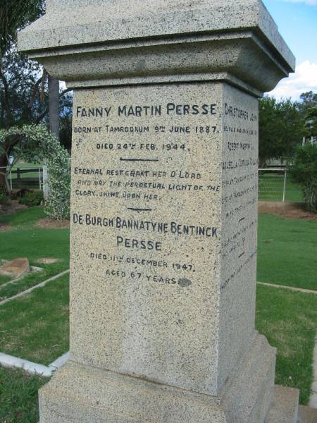 Fanny Martin PERSSE  | b: Tamrookum 9 Jun 1887, d: 24 Feb 1944  | De Burgh Bannatyne Bentinck PERSSE  | d: 11 Dec 1947, aged 67  | Tamrookum All Saints church cemetery, Beaudesert  | 