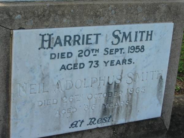 Harriet SMITH  | d: 20 Sep 1958, aged 73  | Neil Adolphus SMITH  | 26 Oct 1965, aged 86  | Tamrookum All Saints church cemetery, Beaudesert  | 