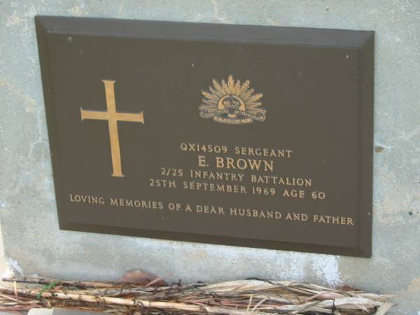 E BROWN  | 25 Sep 1969, aged 60  | Tamrookum All Saints church cemetery, Beaudesert  | 