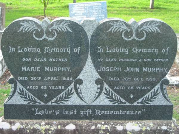 Joseph John MURPHY  | 26 Oct 1939, aged 68  | Marie MURPHY  | 20 Apr 1944, aged 65  | Tamrookum All Saints church cemetery, Beaudesert  | 