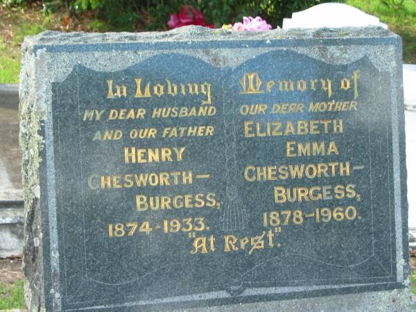 Henry CHESWORTH-BURGESS  | 1874 - 1933  | Elizabeth Emma CHESWORTH-BURGESS  | 1878 - 1960  | Tamrookum All Saints church cemetery, Beaudesert  | 