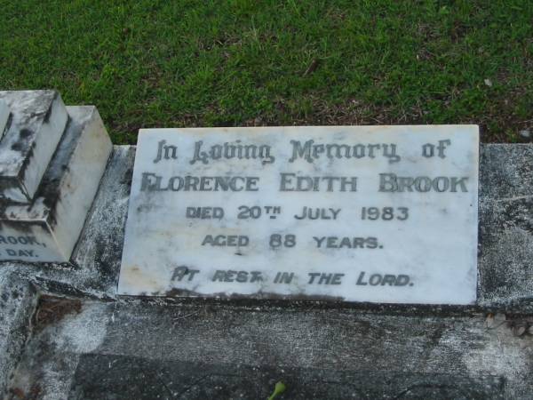 Florence Edith BROOK  | d: 20 Jul 1983, aged 88  |   | Morris (BROOK)  | (son of) R and M BROOK  | aged 1 day  |   | Tamrookum All Saints church cemetery, Beaudesert  | 