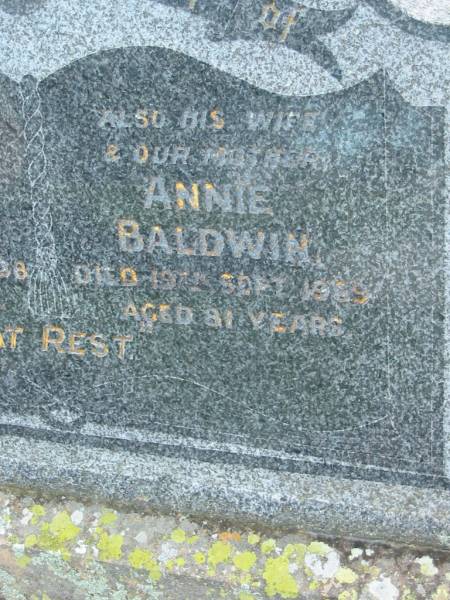 Glen Adair BALDWIN  | d: 3 Mar 1938, aged 47  | Annie BALDWIN  | d: 19 Sep 1989, aged 81  | Tamrookum All Saints church cemetery, Beaudesert  | 