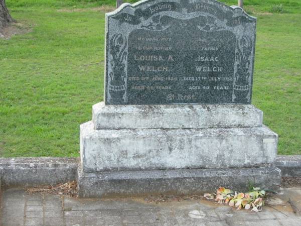 Isaac WELCH  | 17 Jul 1958, aged 90  | Louisa A WELCH  | 5 Jun 1938, aged 65  | Tamrookum All Saints church cemetery, Beaudesert  | 