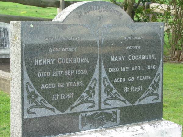 Henry COCKBURN  | 21 Sep 1939, aged 82  | Mary COCKBURN  | 18 Apr 1946, aged 68  | Tamrookum All Saints church cemetery, Beaudesert  | 