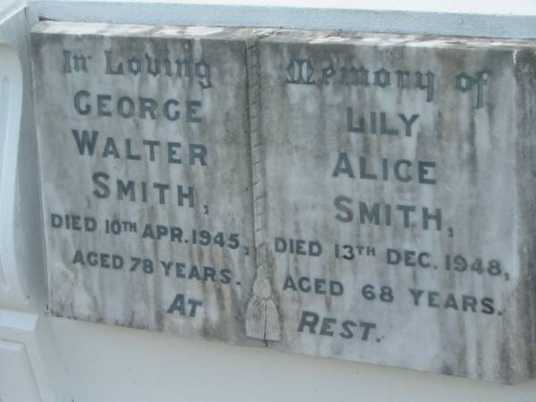 George Walter SMITH  | 10 Apr 1945, aged 78  | Lily Alice SMITH  | 13 Dec 1948, aged 68  | Tamrookum All Saints church cemetery, Beaudesert  | 