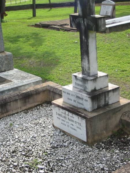 Arthur ROBINSON  | 25 Jan 1917, aged 80  | (wife) Emmeline Harriette (ROBINSON)  | 11 Apr 1923, aged 71  | Tamrookum All Saints church cemetery, Beaudesert  | 