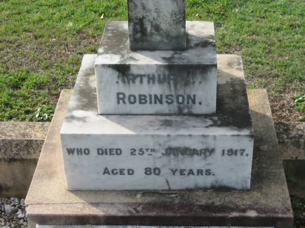 Arthur ROBINSON  | 25 Jan 1917, aged 80  | (wife) Emmeline Harriette (ROBINSON)  | 11 Apr 1923, aged 71  | Tamrookum All Saints church cemetery, Beaudesert  | 