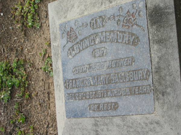 Frances Mary SALISBURY  | d: 29 Oct 1973, aged 68  | Tamrookum All Saints church cemetery, Beaudesert  | 