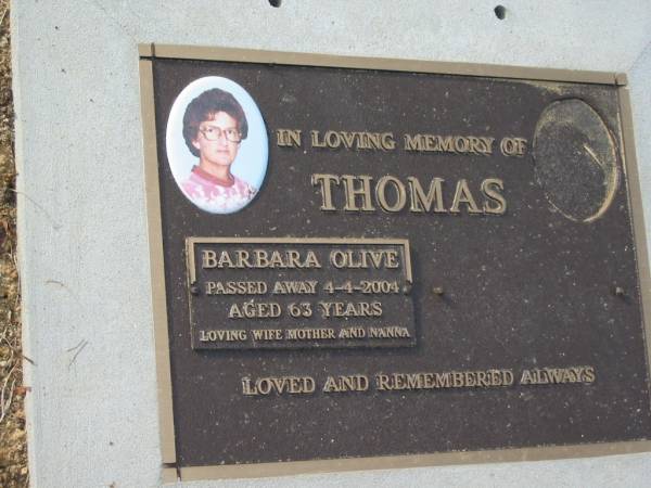 Barbara Olive THOMAS  | 4 Apr 2004, aged 63  | Tamrookum All Saints church cemetery, Beaudesert  | 