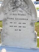 
Marie GOSCHNICK,
born 31 Jan 1838 died 10 June 1914 aged 76;
Tarampa Apostolic cemetery, Esk Shire
