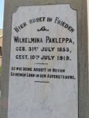 
Wilhelmina PAKLEPPA,
born 31 July 1853 died 10 July 1919;
Tarampa Apostolic cemetery, Esk Shire
