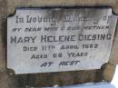 
Mary Helene DIESING, wife mother,
died 11 April 1962 aged 66 years;
Tarampa Apostolic cemetery, Esk Shire
