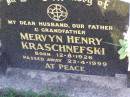 
Mervyn Henry KRASCHNEFSKI,
husband father grandfather,
born 12-8-1926 died 23-4-1999;
Tarampa Apostolic cemetery, Esk Shire
