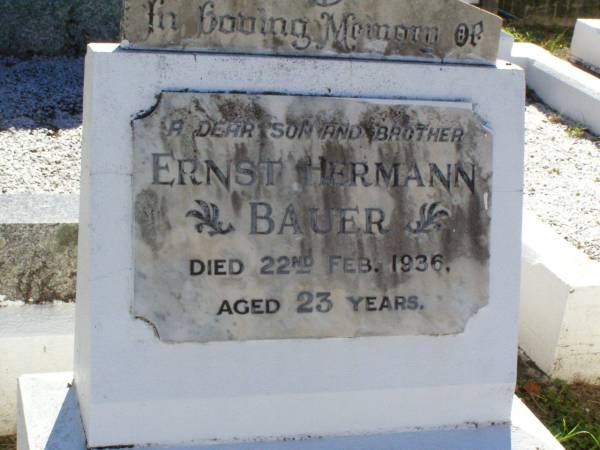Ernest Hermann BAUER, son brother,  | died 22 Feb 1936 aged 23 years;  | Tarampa Apostolic cemetery, Esk Shire  | 