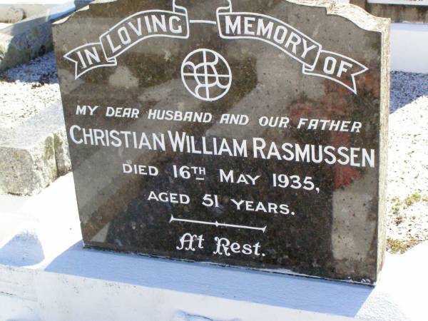 Christian William RASMUSSEN, husband father,  | died 16 May 1935 aged 51 years;  | Tarampa Apostolic cemetery, Esk Shire  | 