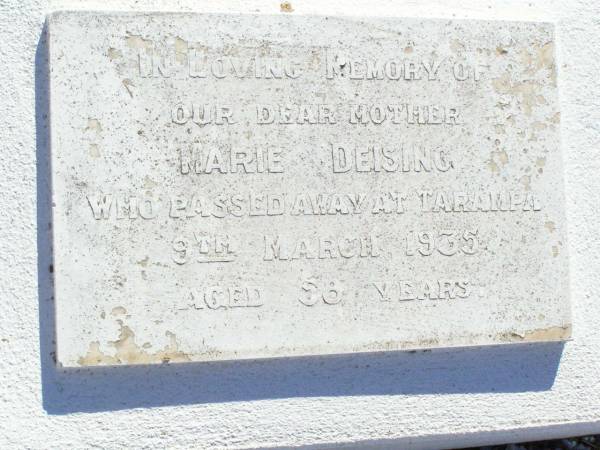 Marie DEISING, mother,  | died Tarampa 9 March 1935 aged 58 years;  | Tarampa Apostolic cemetery, Esk Shire  | 