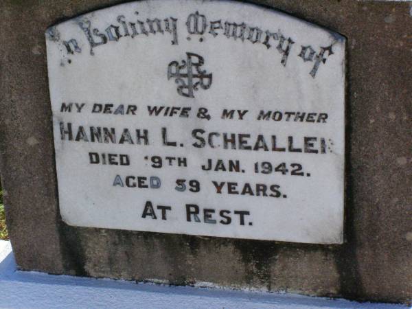 Hannah L. SCHAELLER,  | died 19 Jan 1942 aged 59 years;  | Tarampa Apostolic cemetery, Esk Shire  | 