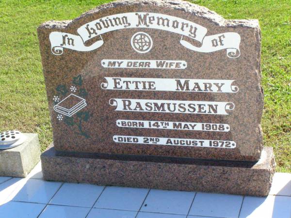 Ettie Mary RASMUSSEN, wife,  | born 14 May 1908 died 2 August 1972;  | Tarampa Apostolic cemetery, Esk Shire  | 