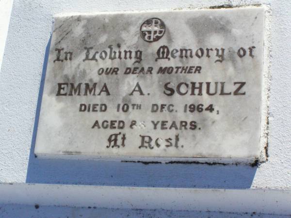 Emma A. SCHULZ, mother,  | died 10 Dec 1964 aged 88 years;  | Tarampa Apostolic cemetery, Esk Shire  | 