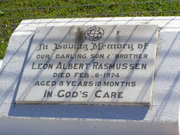 Leon Albert RASMUSSEN, son brother,  | died 6 Feb 1974 aged 8 years 10 months;  | Tarampa Apostolic cemetery, Esk Shire  | 