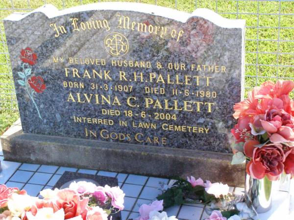 Frank R.H. PALLETT, husband father,  | born 31-3-1907 died 11-6-1980;  | Alvina C. PALLETT,  | died 18-6-2004 interred Lawn Cemetery;  | Tarampa Apostolic cemetery, Esk Shire  | 