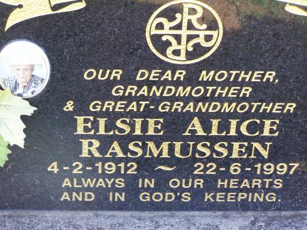 Elsie Alice RASMUSSEN,  | mother grandmother great-grandmother,  | 4-2-1912 - 22-6-1997;  | Tarampa Apostolic cemetery, Esk Shire  | 