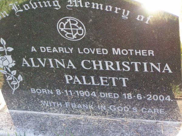 Alvina Christina PALLETT,  | born 8-11-1904 died 18-6-2004,  | with Frank;  | Tarampa Apostolic cemetery, Esk Shire  | 