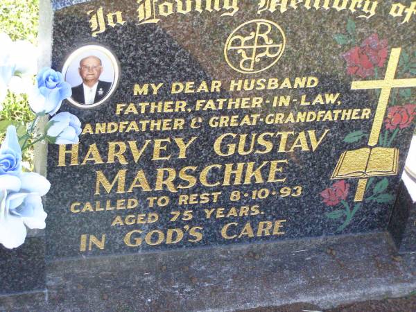 Harvey Gustav MARSCHKE,  | husband father father-in-law  | grandfather great-grandfather,  | died 8-10-93 aged 75 years;  | Tarampa Apostolic cemetery, Esk Shire  | 