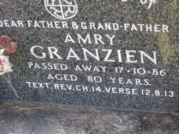 Amry GRANZIEN,  | father grandfather,  | died 17-10-86 aged 80 years;  | Tarampa Apostolic cemetery, Esk Shire  | 