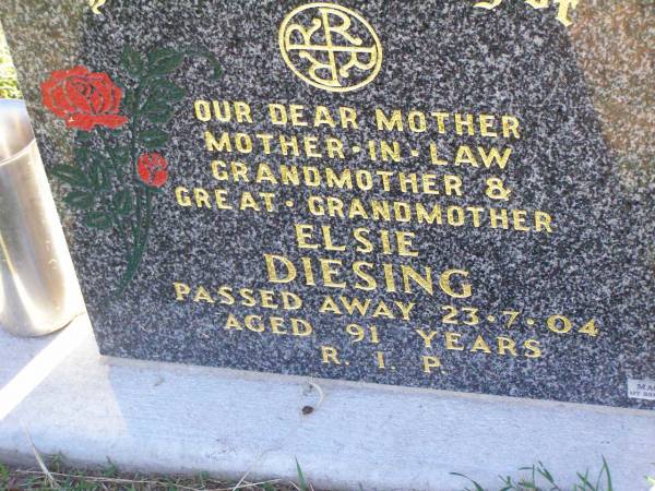 Elsie DIESING,  | mother mother-in-law grandmother great-grandmother,  | died 23-7-04 aged 91 years;  | Tarampa Apostolic cemetery, Esk Shire  | 