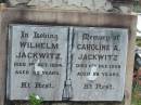 
Wilhelm JACKWITZ
1 Oct 1934 aged 69
Caroline A JACKWITZ
11 Dec 1959 aged 88
Tarampa Baptist Cemetery, Esk Shire
