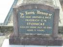 
Friedrich C W STUHMCKE
22 Jul 1985 aged 71
Tarampa Baptist Cemetery, Esk Shire

