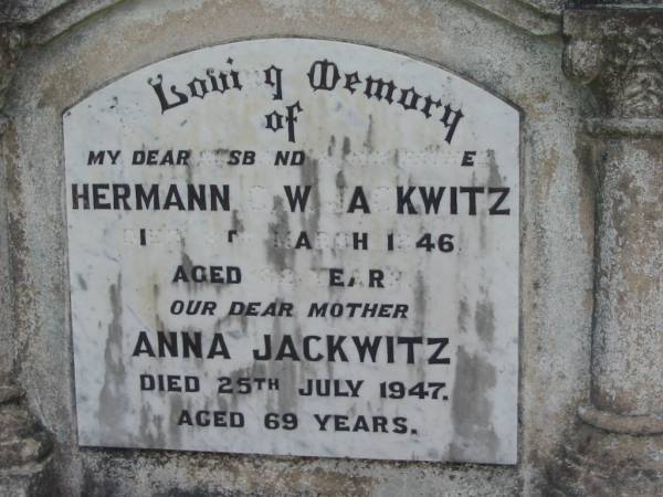 Hermann C W JACKWITZ  | 8 Mar 1946 aged 82  | Anna JACKWITZ  | 25 Jul 1947 aged 69  | Tarampa Baptist Cemetery, Esk Shire  | 