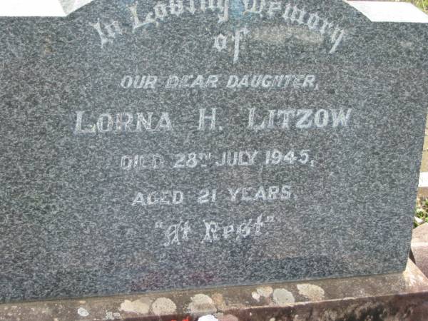 Lorna H LITZOW  | 28 Jul 1945 aged 21  | Tarampa Baptist Cemetery, Esk Shire  | 
