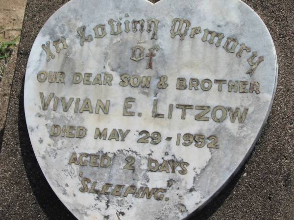 Vivian E LITZOW  | 29 May 1952 aged 2 days  | Tarampa Baptist Cemetery, Esk Shire  | 