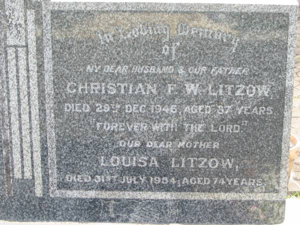 Christian F W LITZOW  | 29 Dec 1946 aged 87  | Louisa LITZOW  | 31 Jul 1954 aged 74  | Tarampa Baptist Cemetery, Esk Shire  | 